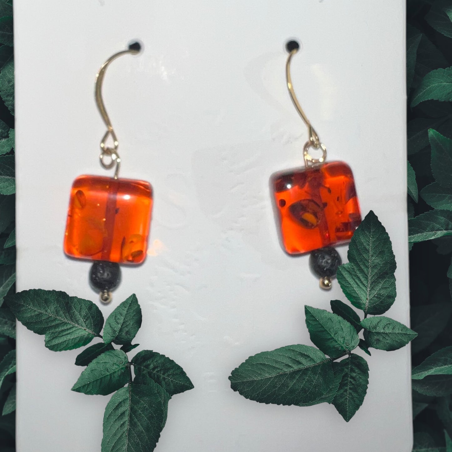 Earrings - 14 Kt Gold over 925 Sterling Silver - Genuine Baltic Amber, Lava stone.