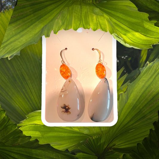 Earrings - 14 Kt Gold over 925 Sterling Silver- Genuine Amber & Tree Agate Raindrops