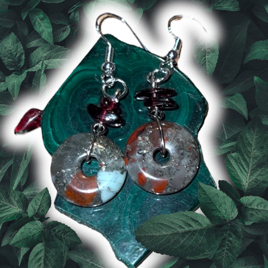 Earrings - 925 Sterling Silver Hooks - Garnet & African Bloodstone