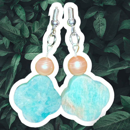 Earrings - 925 Sterling Silver- Culture Pearl & Lg Amazonite Clover