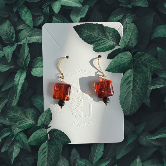 Earrings - 14 Kt Gold over 925 Sterling Silver - Genuine Baltic Amber, Lava stone.