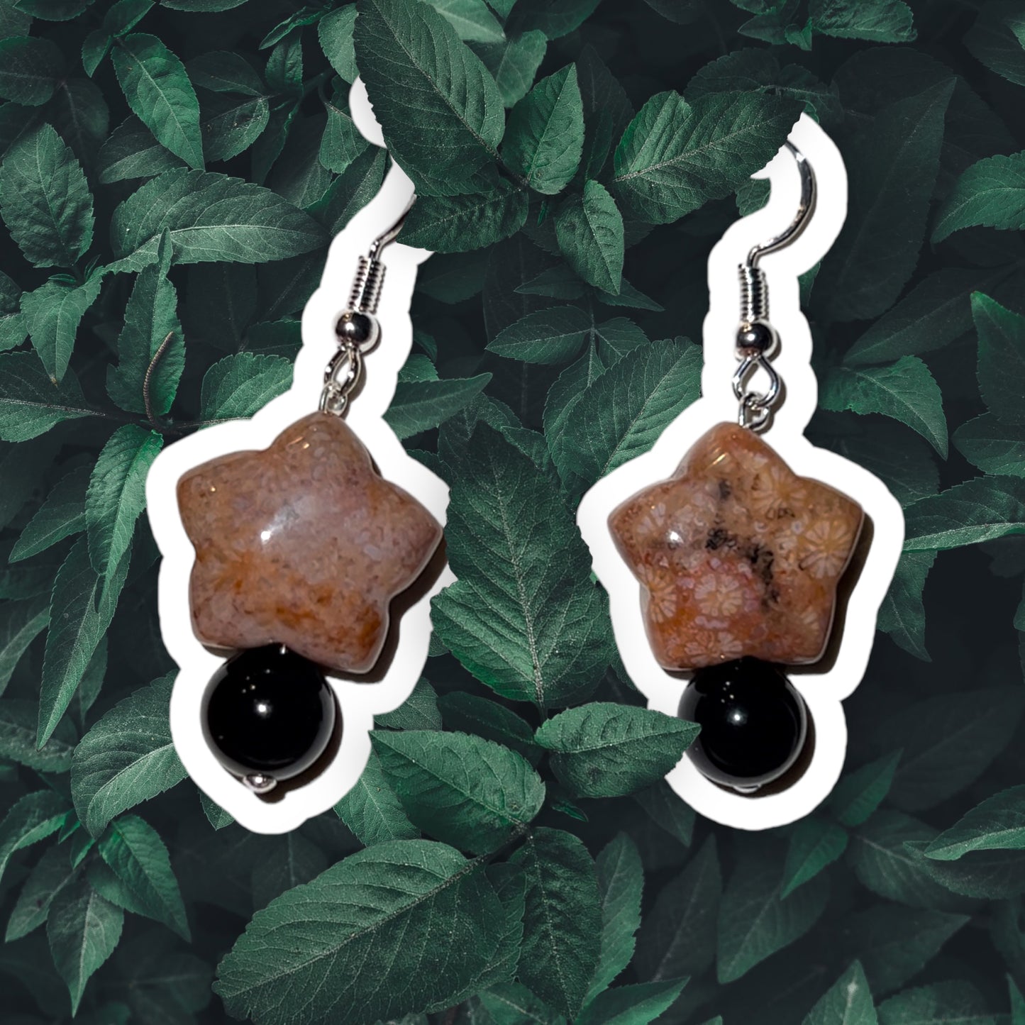 Earrings - 925 Sterling Silver- Coral Jade Star & Black Obsidian