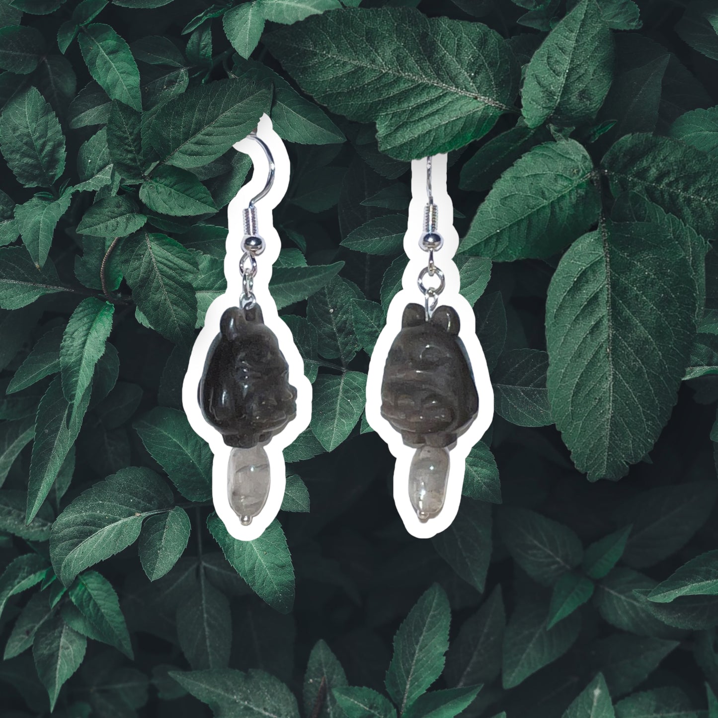 Earrings - 925 Sterling Silver - Silver Obsidian ￼Rabbit & Grey Moonstone Raindrop