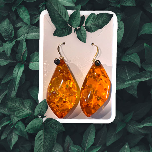 Earrings - 14 Kt Gold over 925 Sterling Silver. Genuine ￼Baltic Amber Drop, Lava stone