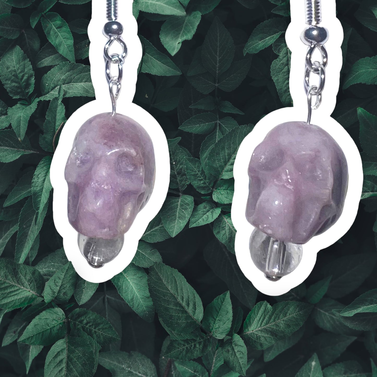 Earrings - 925 Sterling Silver- Purple ￼ Amethyst Skull & Clear Quartz